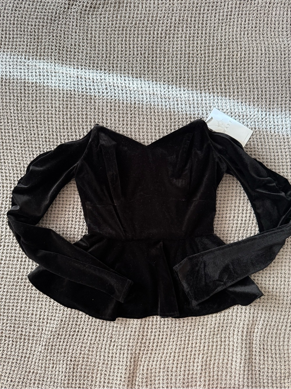 Velvet Long-Sleeve Peplum Top with Zipper Back - Black